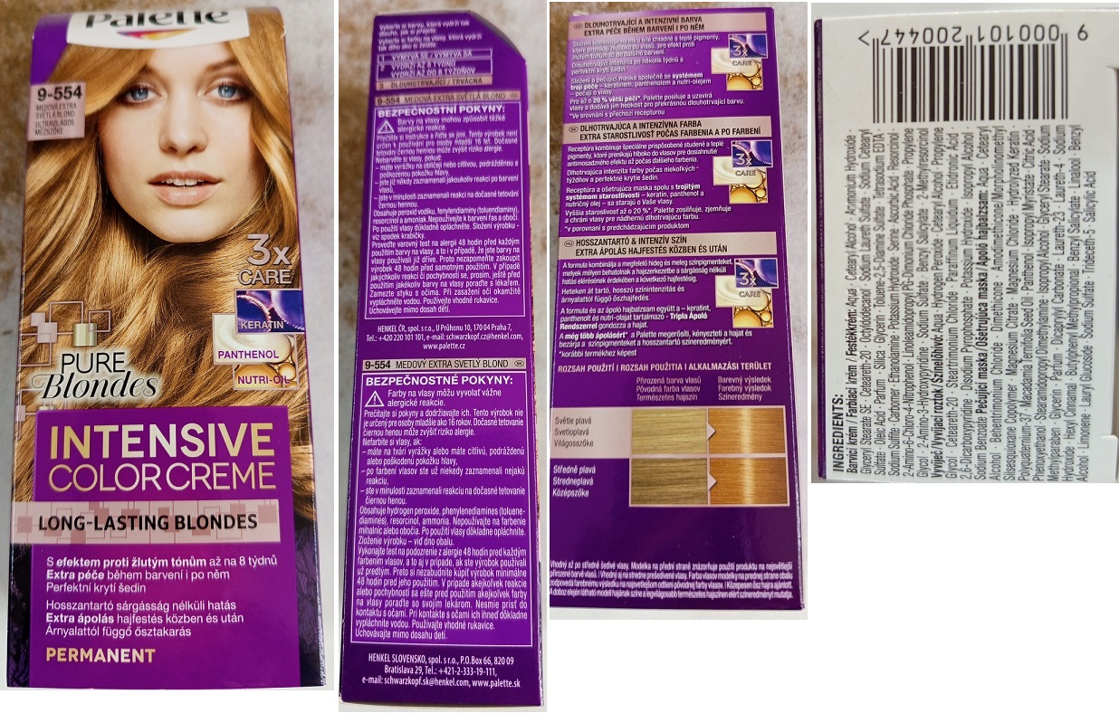 Schwarzkopf, Palette, INTENSIVE COLOR CREME, LONG-LASTING BLONDES, PURE Blondes, 9-554 MEDOVÁ EXTRA SVĚTLÁ BLOND, 3x CARE