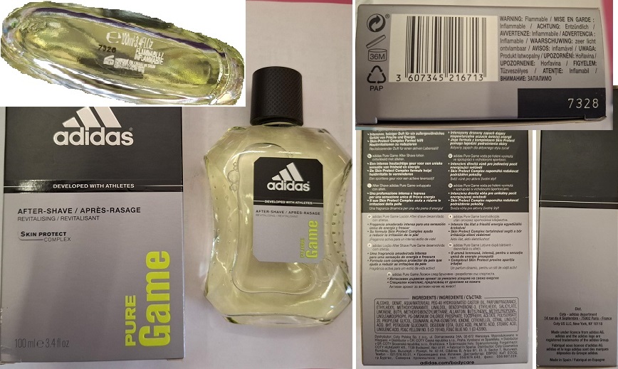 Adidas, AFTER-SHAVE, PURE Game číslo šarže/ sp. do: 7328 EAN: 3607345216713