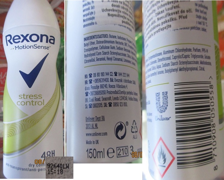 Rexona, MotionSense, stress control, anti-perspirant číslo šarže/ sp. do: 92640LW