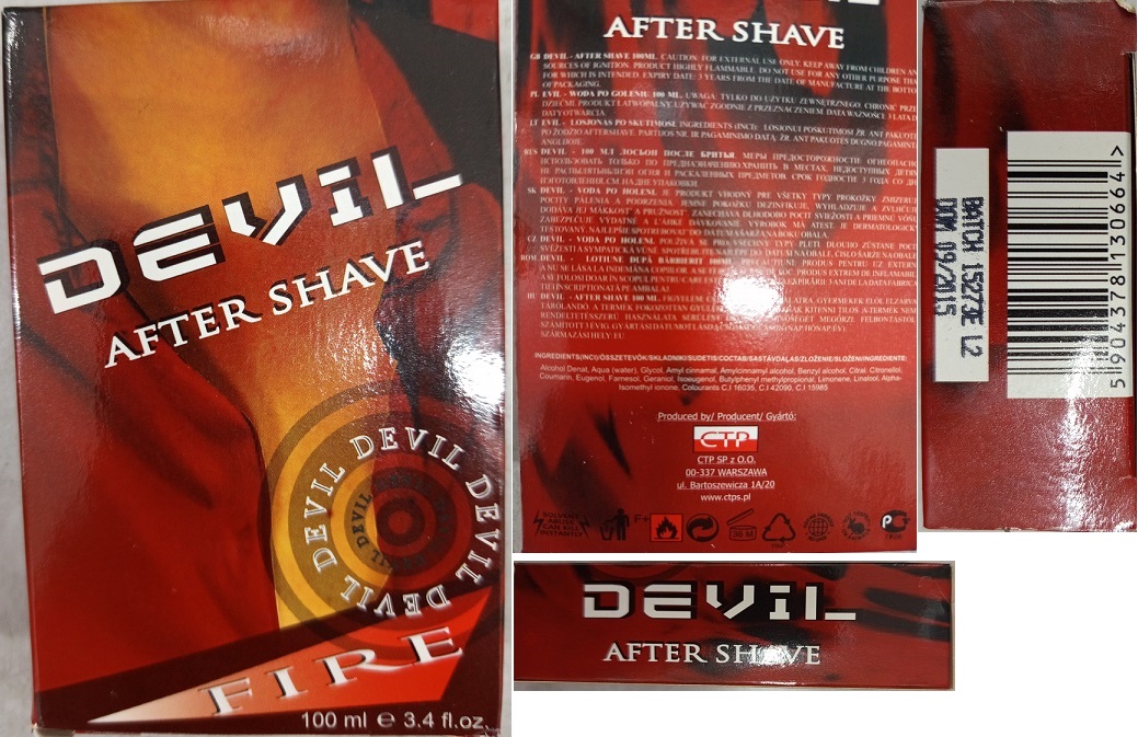 DEVIL, AFTER SHAVE, FIRE číslo šarže/ sp. do: BATCH 15273E L2, DOM 09/2015