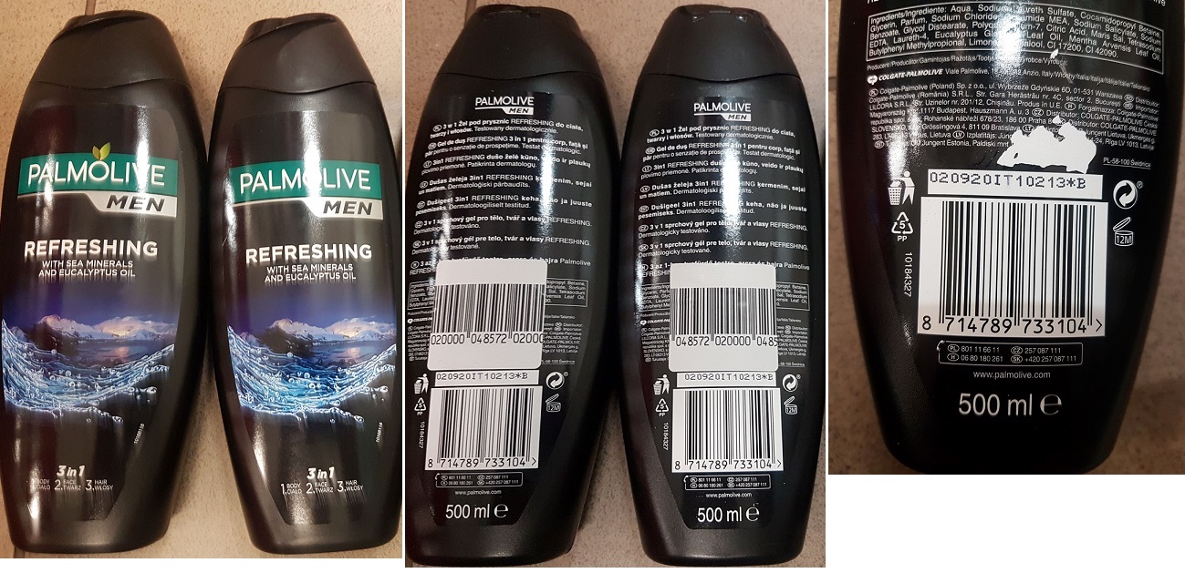 PALMOLIVE MEN, REFRESHING, WITH SEA MINERALS AND EUCALYPTUS OIL, 3 in 1 číslo šarže/ sp. do: 020920IT10213*B, 10184327
