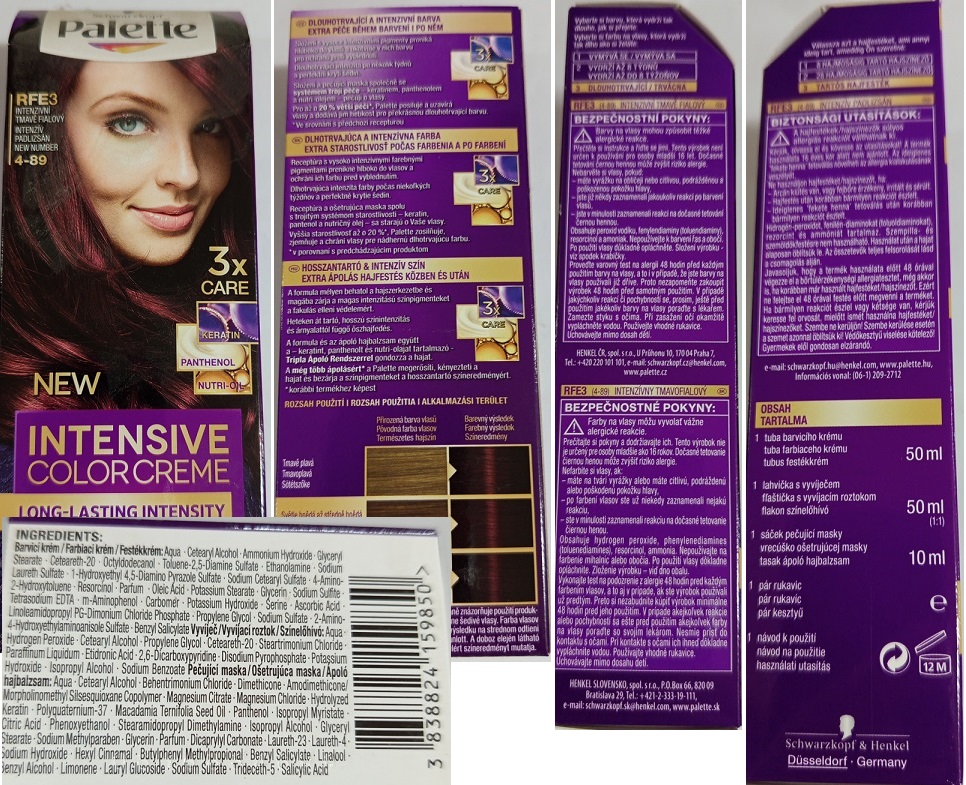 Schwarzkopf, Palette, INTENSIVE COLOR CREME, LONG-LASTING INTENSITY, RFE3 INTENZIVNÍ TMAVĚ FIALOVÝ 4-89, 3x CARE