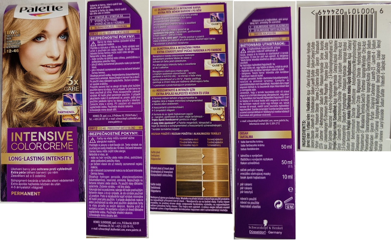 Schwarzkopf, Palette, INTENSIVE COLOR CREME, LONG-LASTING INTENSITY, BW12 SVĚTLE PLAVÝ NUDE 12-46, 3x CARE