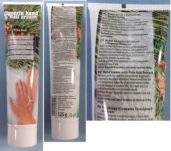 Glycerin hand & nail cream, Pine Bud číslo šarže/ sp. do: Glycerinový krém na ruce a nehty, 18 06 2024