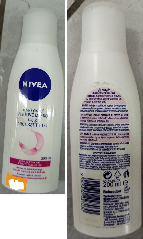 NIVEA, JEMNÉ ČISTÍCÍ PLEŤOVÉ MLÉKO číslo šarže/ sp. do: Art.-No. 81103, 62752210