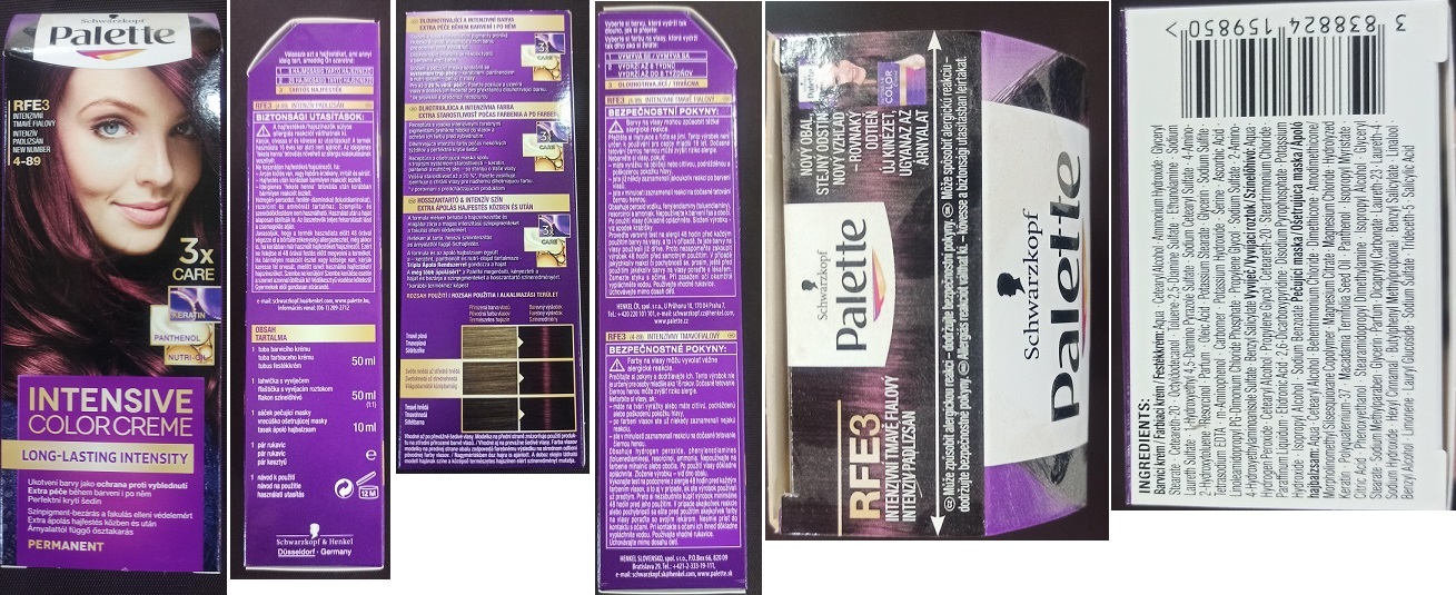 Schwarzkopf, Palette, INTENSIVE COLOR CREME, LONG-LASTING INTENSITY, RFE3 INTENZIVNÍ TMAVĚ FIALOVÝ 4-89, 3x CARE