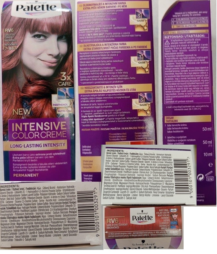 Schwarzkopf, Palette, INTENSIVE COLOR CREME, RV6 ŠARLATOVĚ ČERVENÝ 7-887 číslo šarže/ sp. do: 0804293314, 0813986483, 0004293314, 0824108566 (nedostatečná čitelnost)