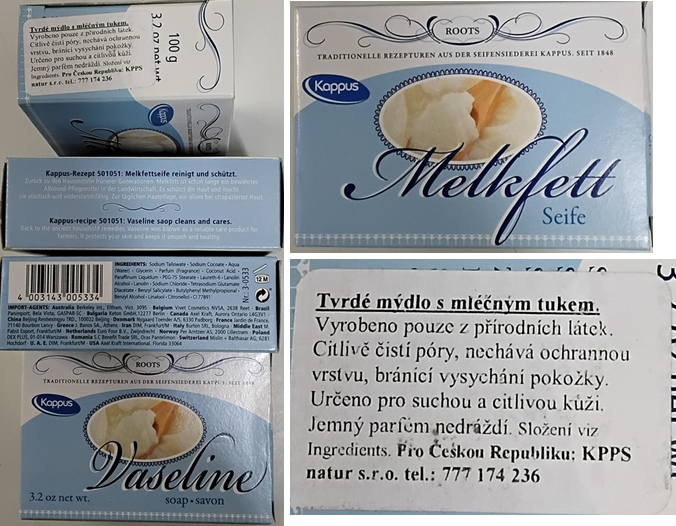 Kappus, Vaseline soap•savon, Melkfett Seife, Tvrdé mýdlo s mléčným tukem číslo šarže/ sp. do: 2440, Nr.: 3-0533 EAN: 4003143005334